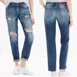 MADEWELL Boyjean Jeans, Blue Cotton Denim Distressed Straight High Rise Boho, 24